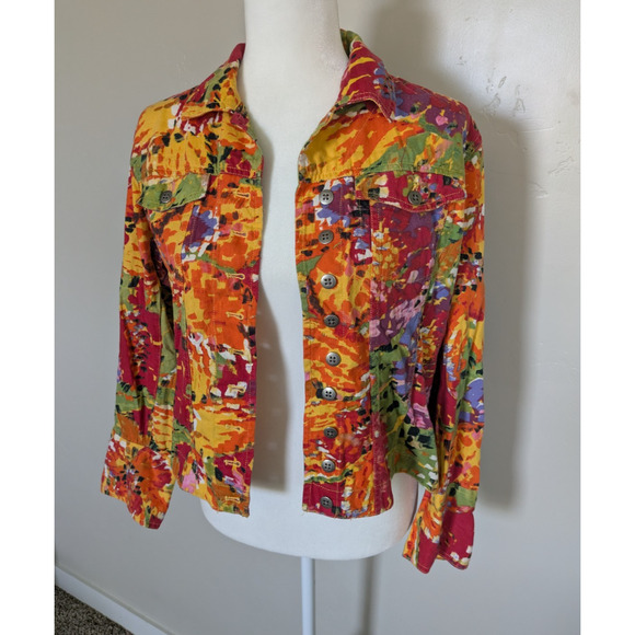 Chico's Denim Jacket Womens Size Med Multicolor Button Front Artsy Cotton‎ Linen - Picture 1 of 11